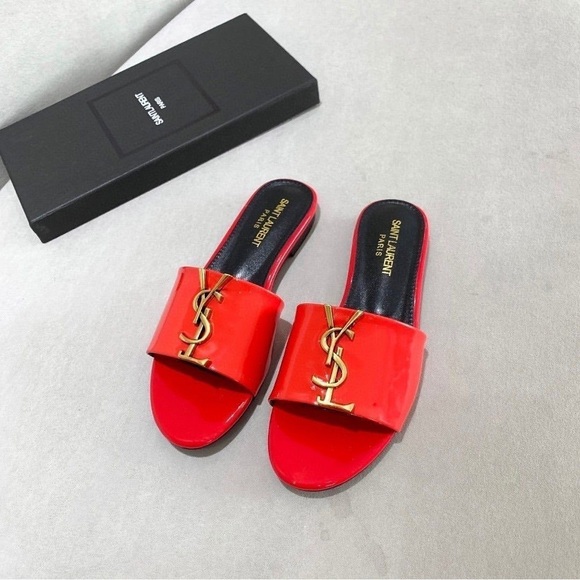 Saint Laurent Red Patent Sandals with Gold Logo - Picture 1 of 6